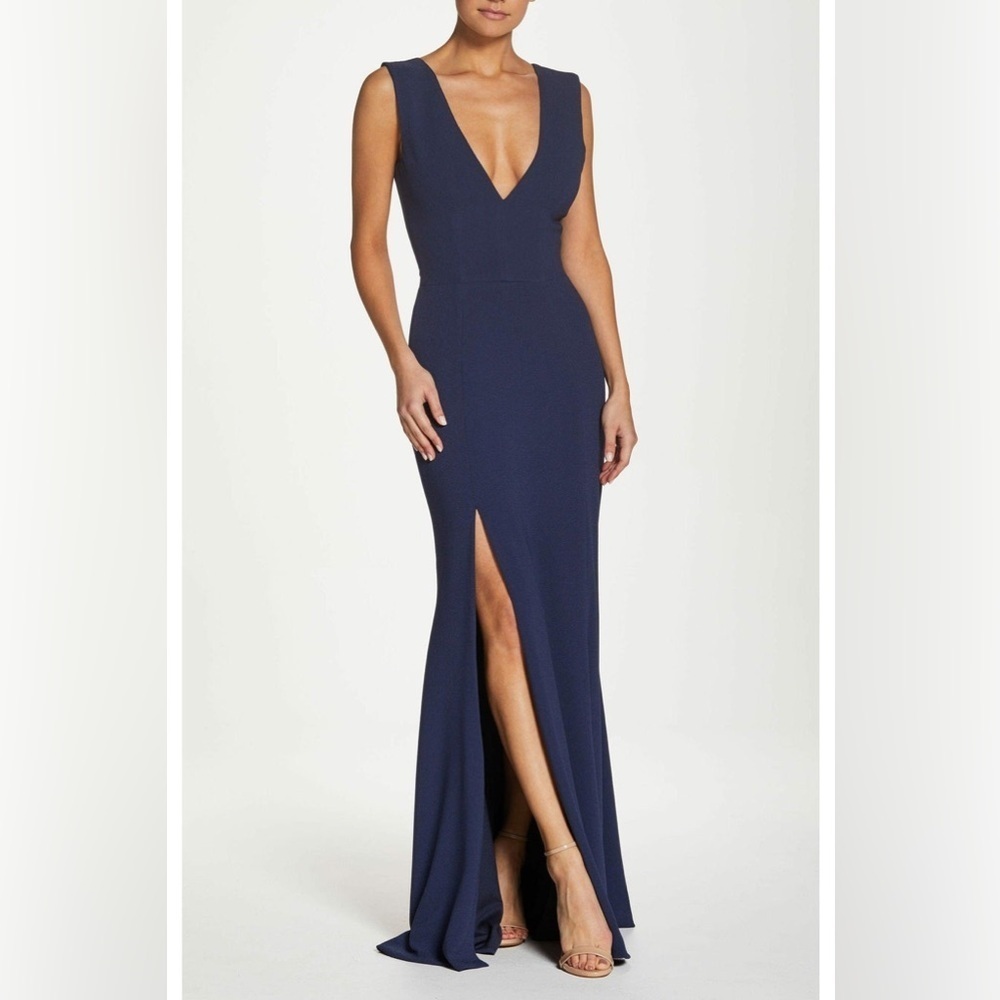 Dress the Population Navy V-Neck Maxi Dress with Front Slit